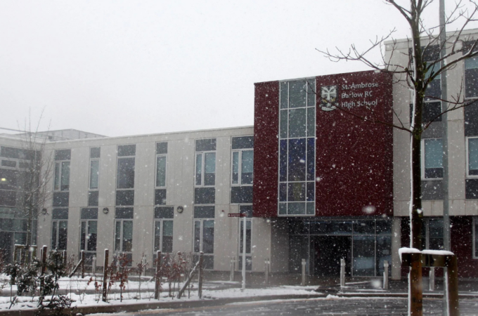 Ambrose High School in a snowy scene