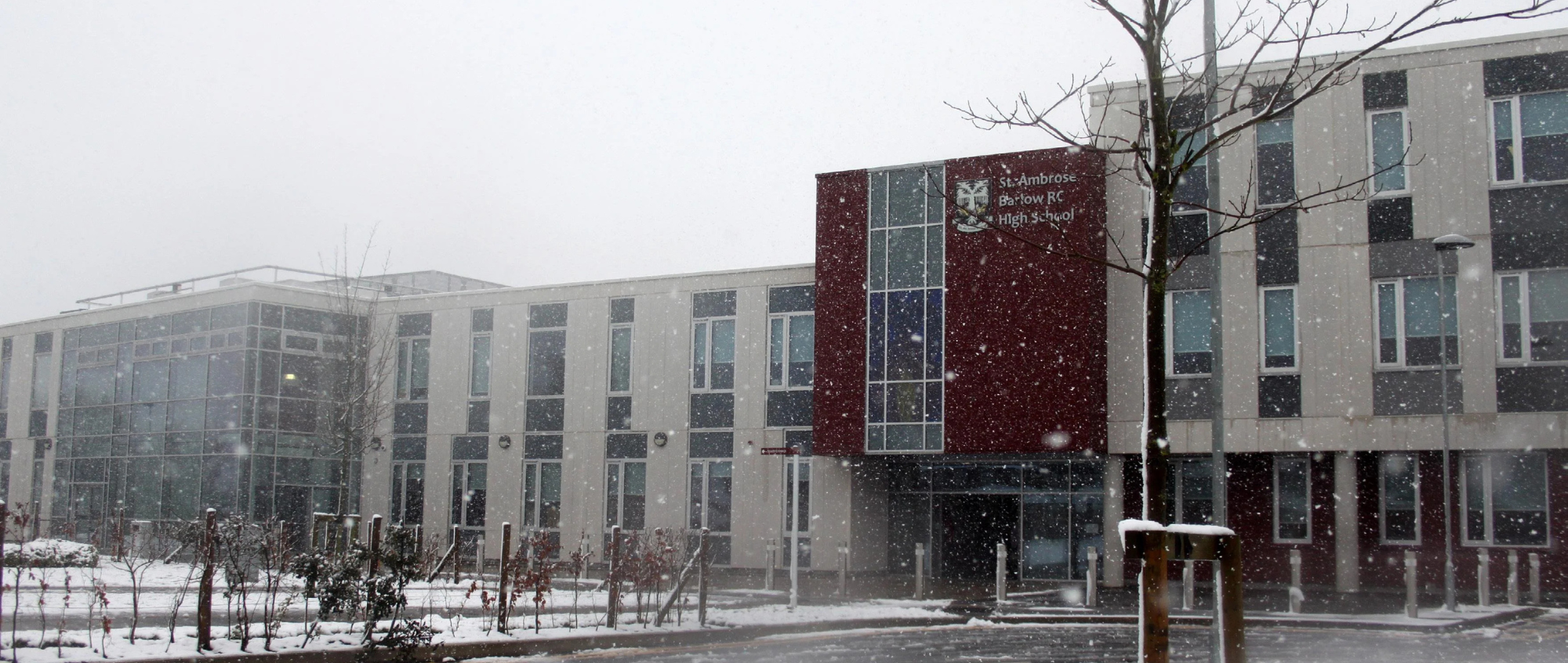 Ambrose High School in a snowy scene