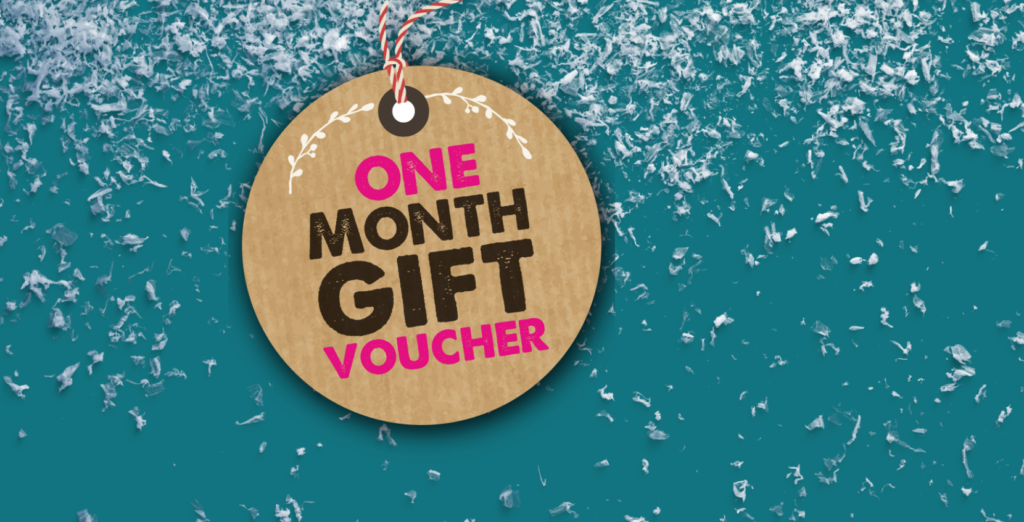 Teal background with snowflakes with one month gift voucher copy