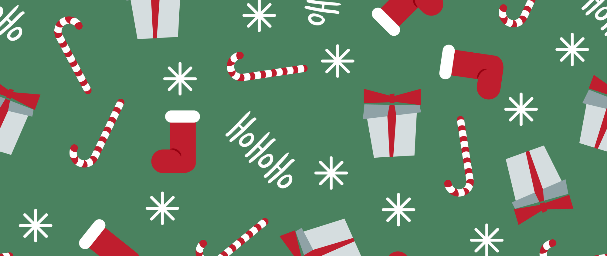 Green Christmas background, with stockings, presents, candy cane and snowflakes