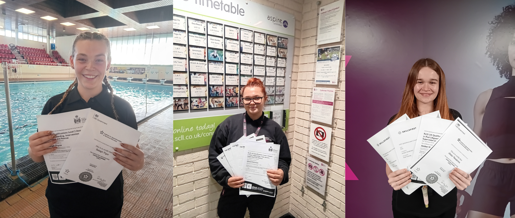 Photos of three young females holding certificates