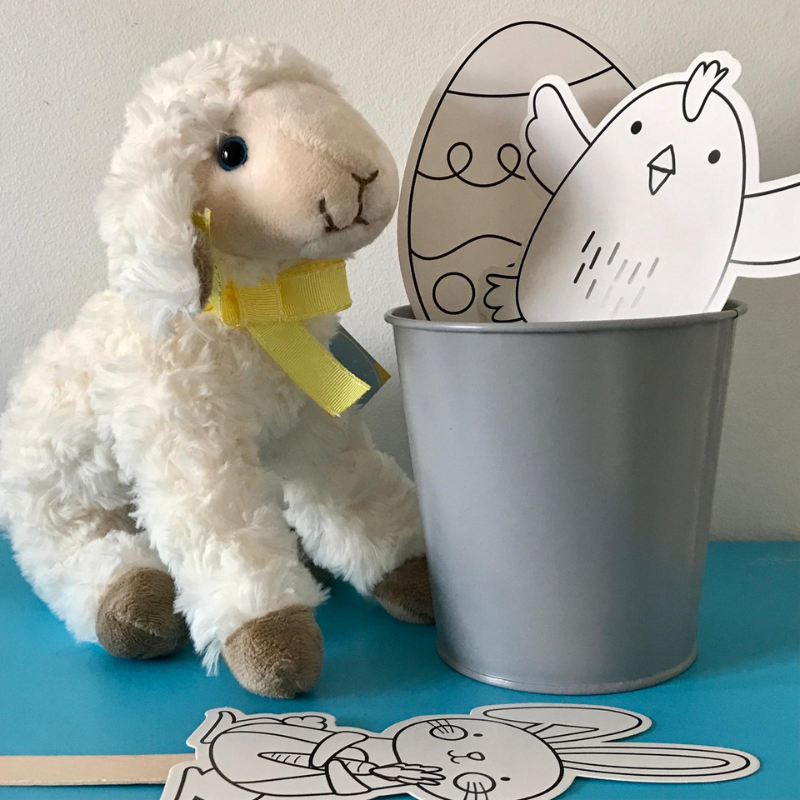 Lamb toy and colouring papers