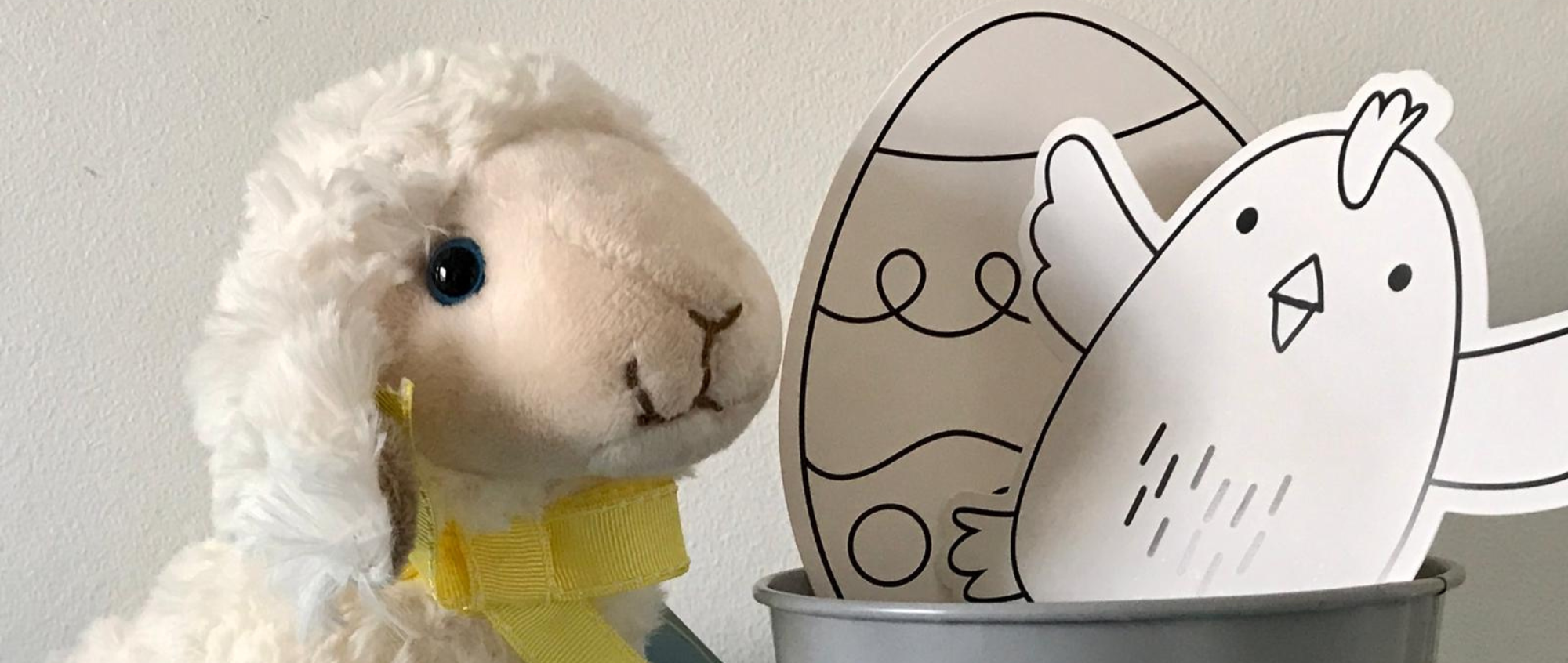 Lamb toy and colouring papers