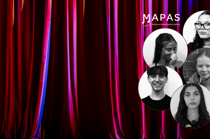 Photos of Elf the Musical cast on a theatre curtain background