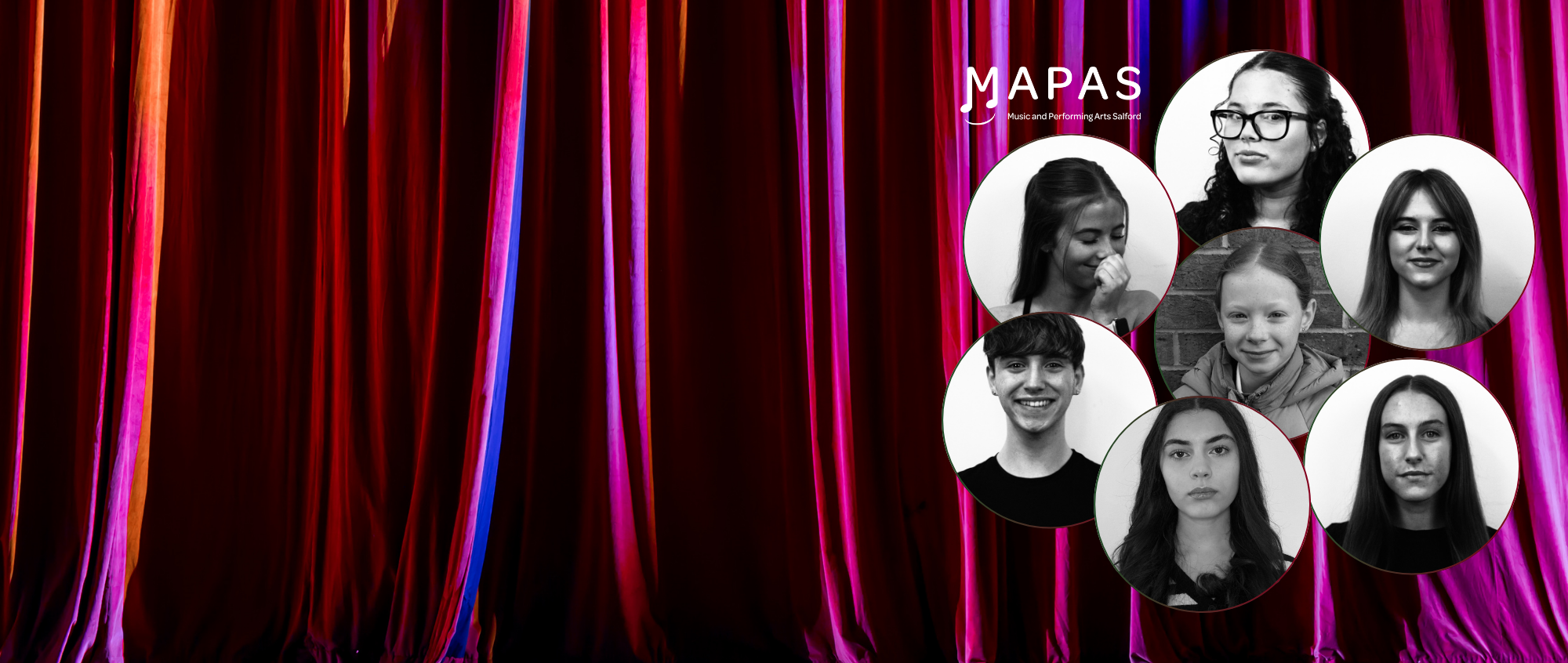 Photos of Elf the Musical cast on a theatre curtain background