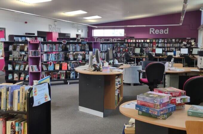 Image shows wide view of Little Hulton Library