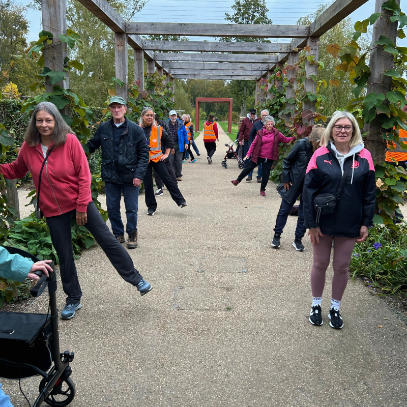 Balance exercises on Wellbeing Walk at RHS Bridgewater