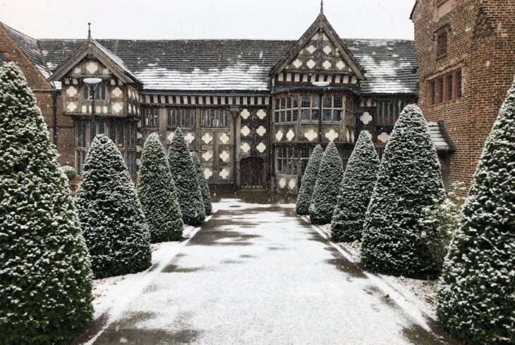 Ordsall Hall in a snowy scene