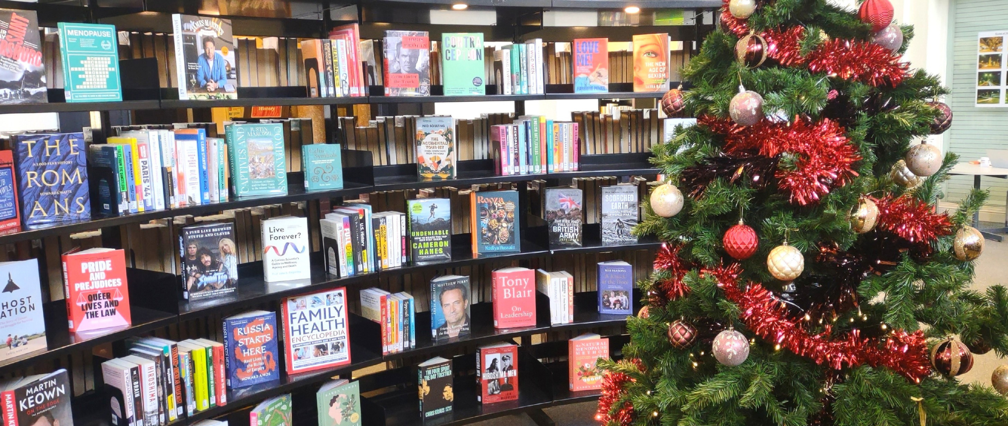 Eccles Library with Christmas tree and library books