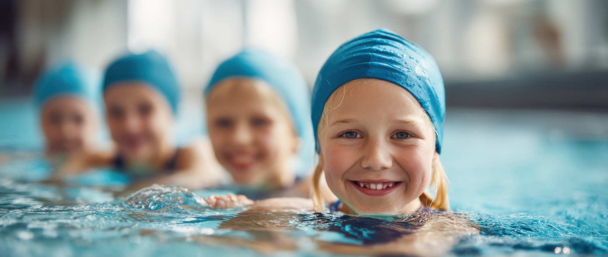 Young children with swimming caps on in swimming pool