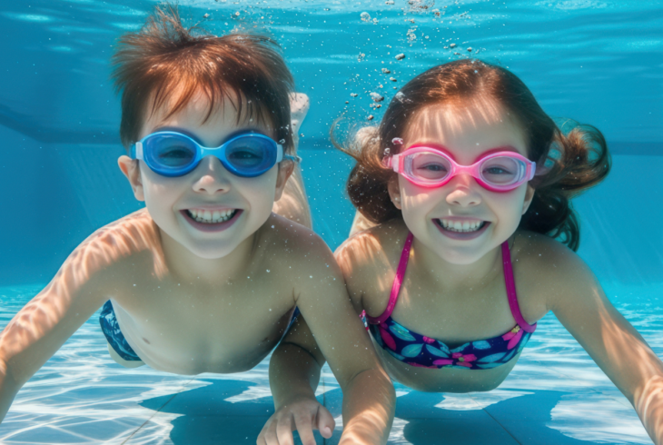 Girl and boy swimming underwater with goggles