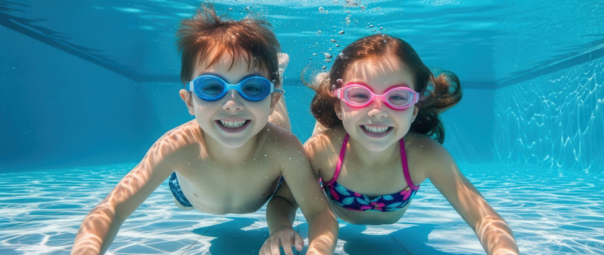 Girl and boy swimming underwater with goggles