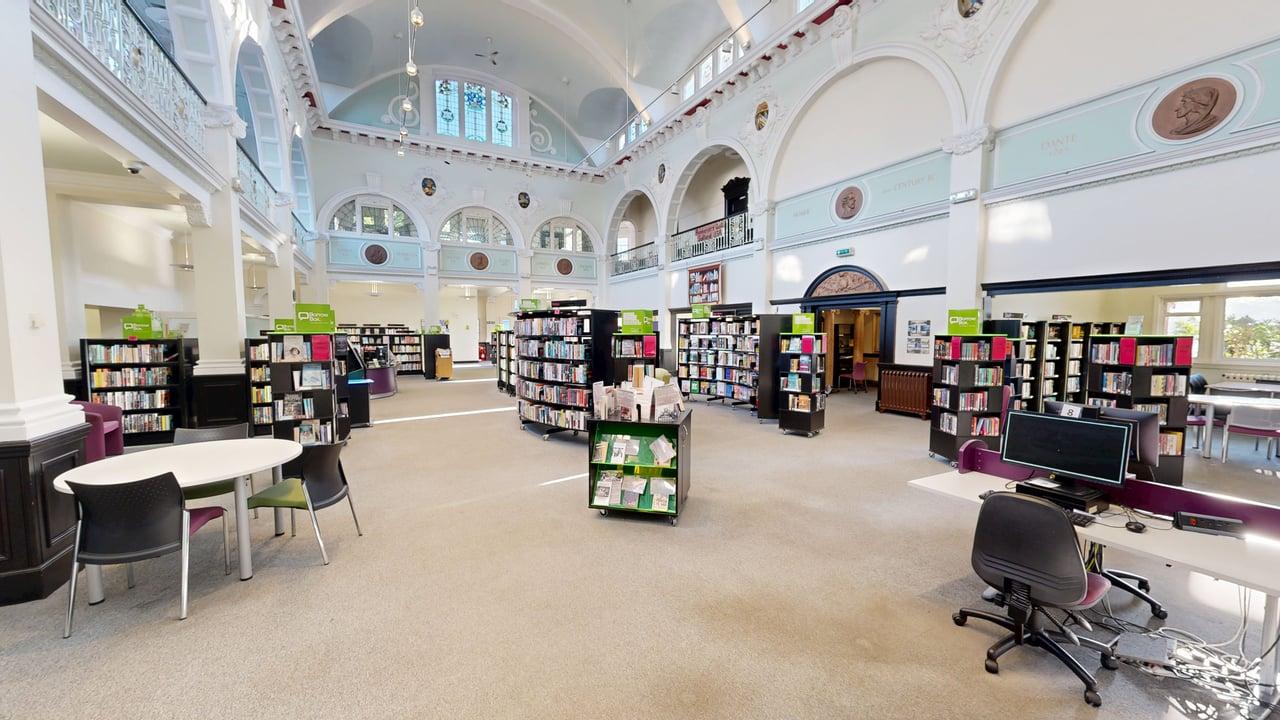 Books and table inside Eccles Library
