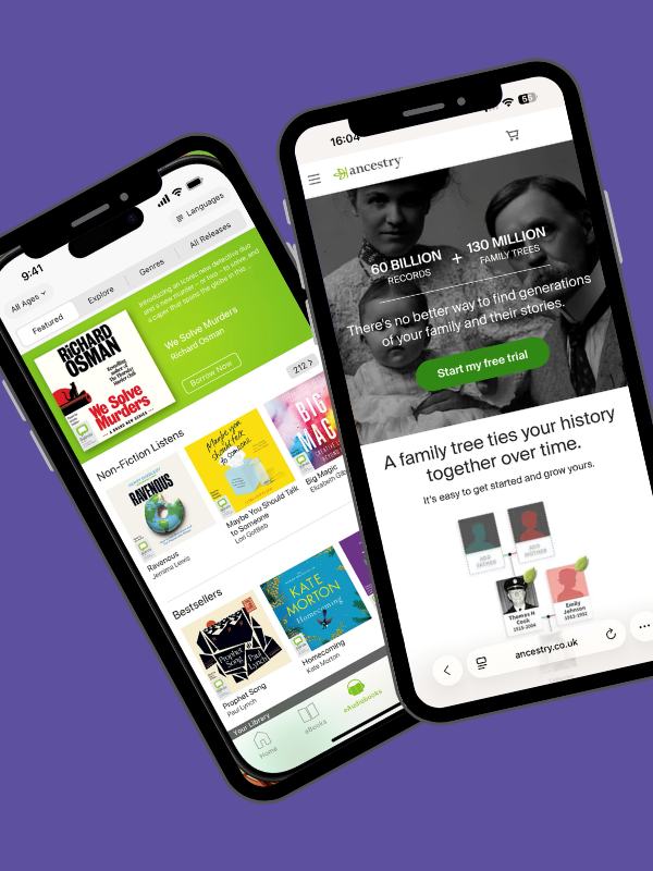 Two mobile phones with an image of digital library services, ancestory.com and borrowbox