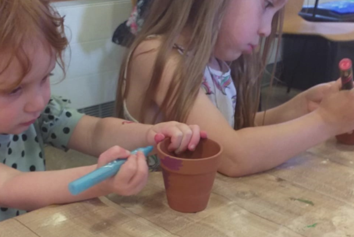 Children decorating plant pots
